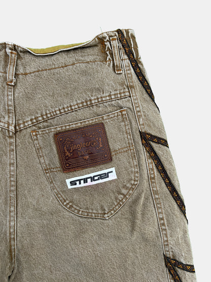 [jinglers] brown-wash jeans with zig-zag embroidery